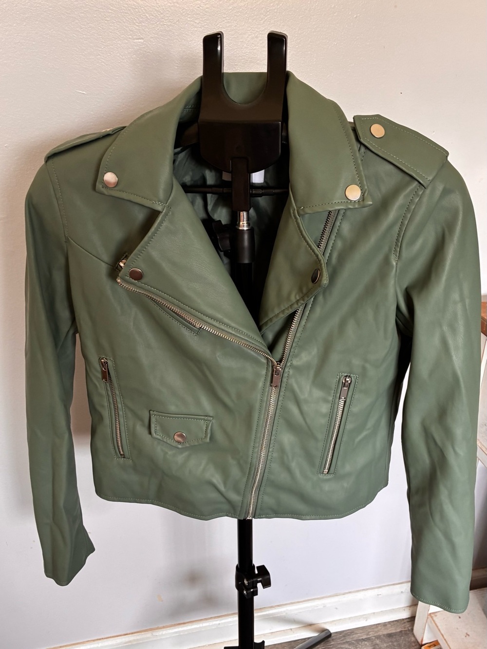 Nine West Sage Green Faux Leather Moto Jacket